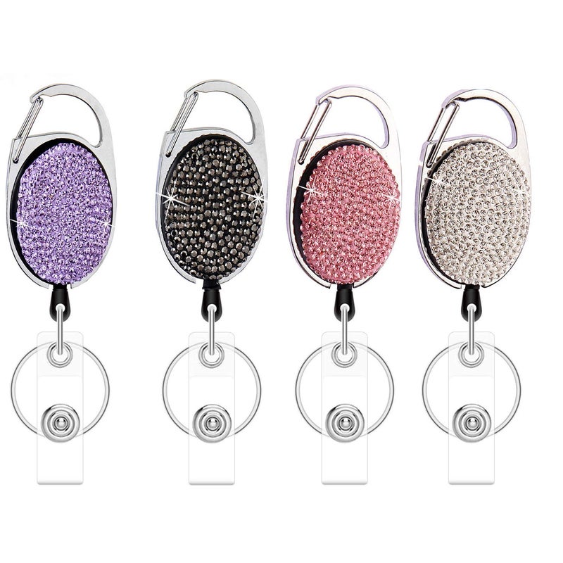 WedFeir Retractable Badge Holders with Rhinestones Crystal, Badge Reel with Belt Clip and Key Ring, 24 inches Thick Kevlar Pull Cord. (4pcs- Silver, Black, Pink and Purple) - Image 1